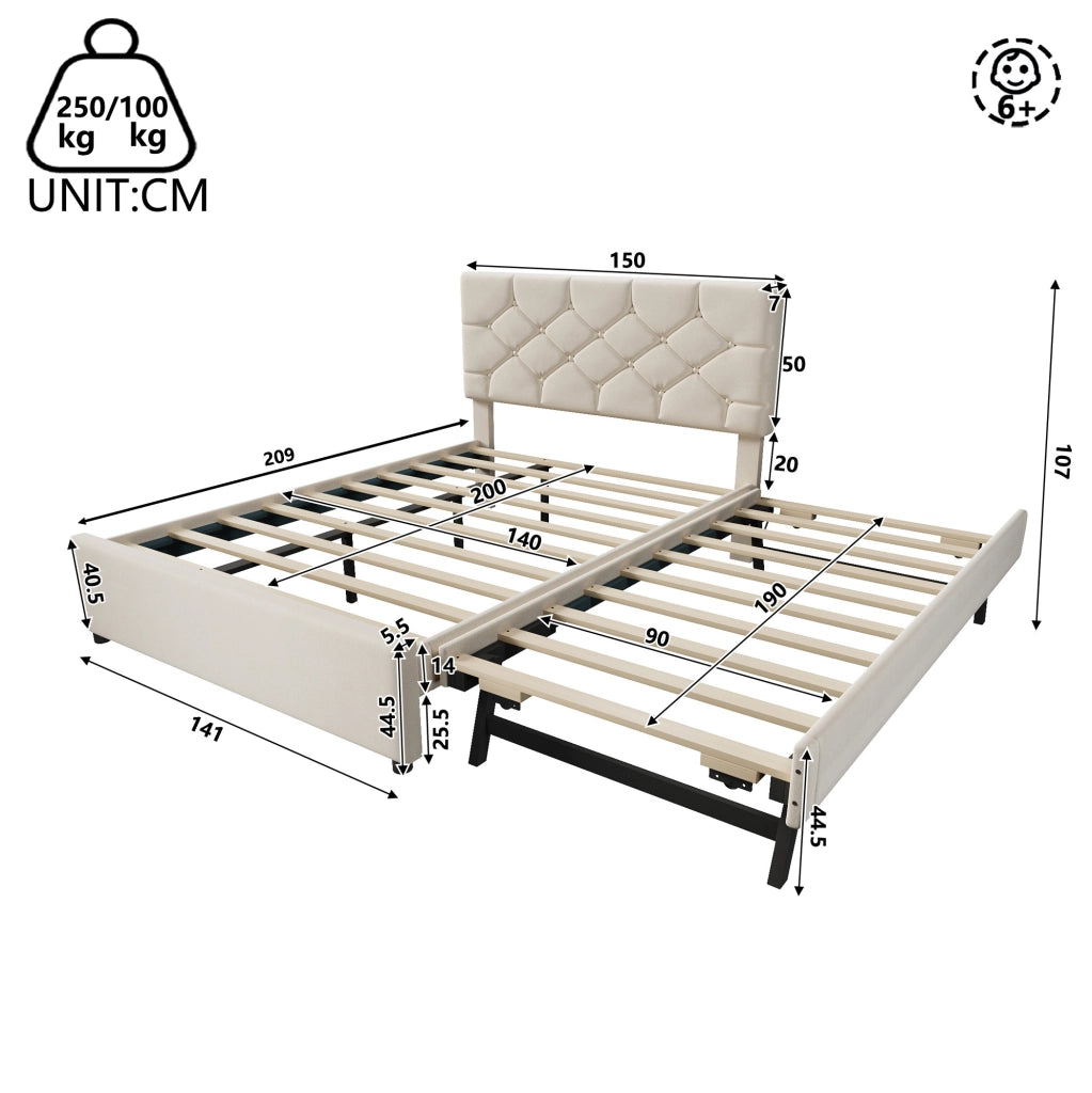 Letto imbottito 140x200 cm con letto estraibile in velluto beige