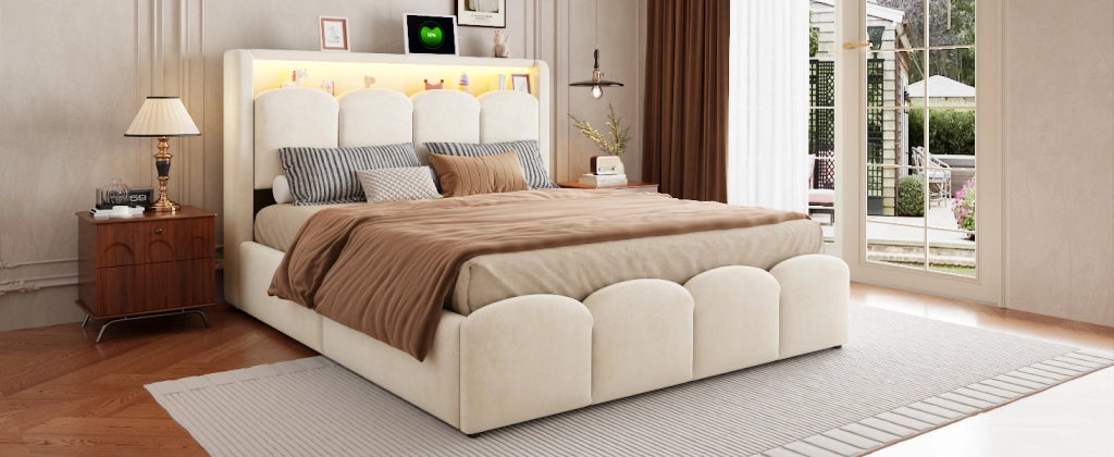 Letto imbottito con contenitore idraulico, USB-C e LED, 140x200 cm, velluto beige