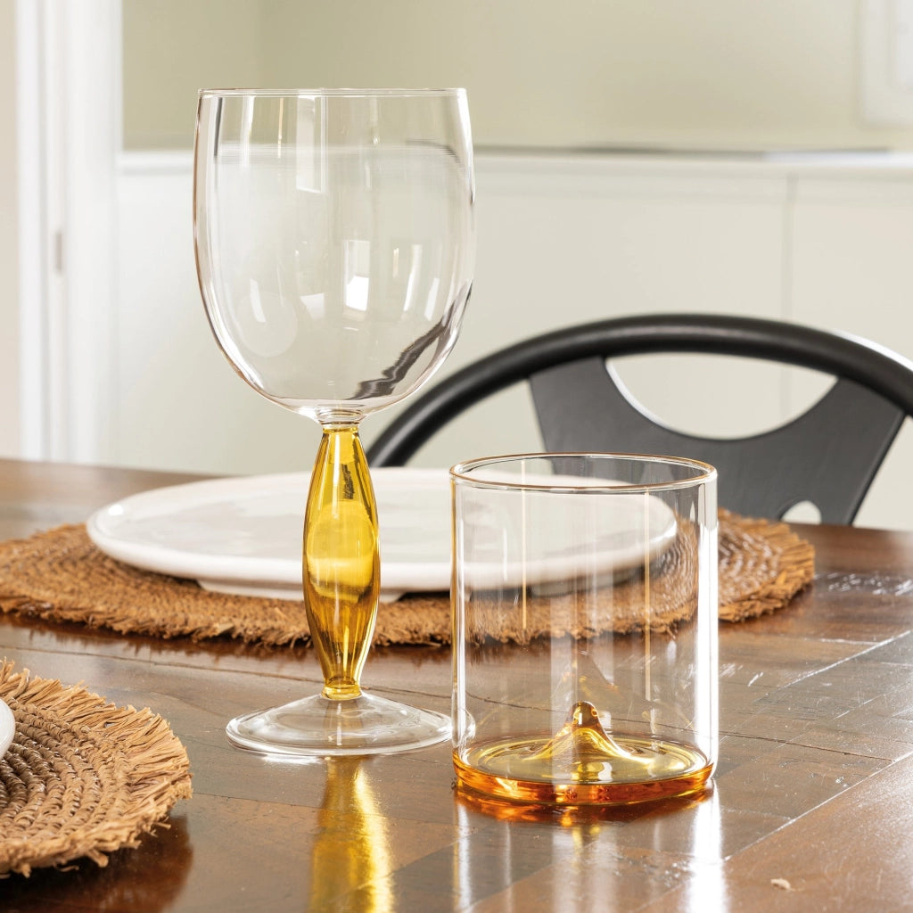 Discobolo Tumbler Set 4 Bicchiere in Vetro Borosilicato Soffiato a Mano Trasparente e Giallo Oro Capacità 34,5 cl Design Elegante Made in Italy