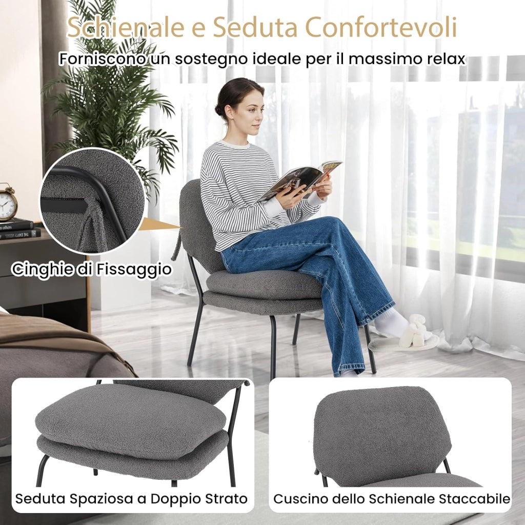 Sedia Sala da Pranzo Imbottita in Tessuto Peluche, Sedia con Cuscino Senza Ruote e Braccioli, Sedia Moderna Comfortevole per Cucina, Salotto, Soggiorno e Camera da Letto, Grigio