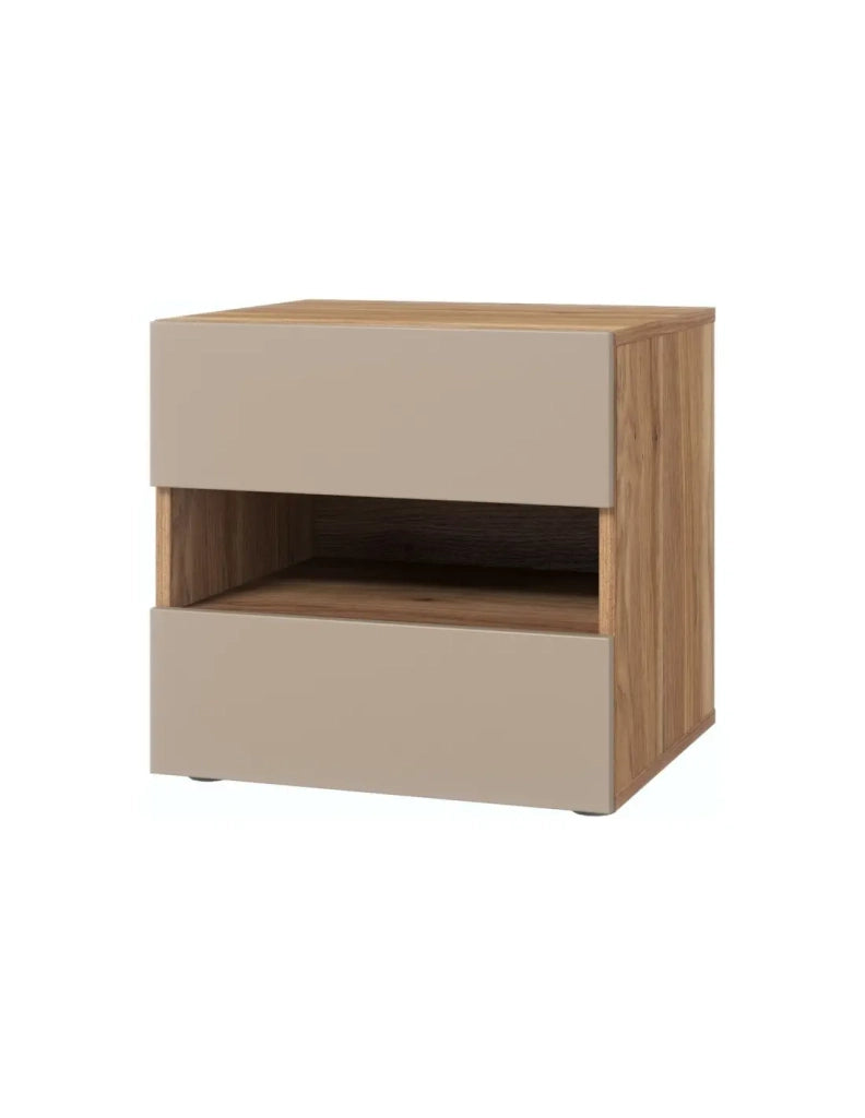 Comodino VOX con 2 cassetti e uno scomparto, colore quercia e beige
