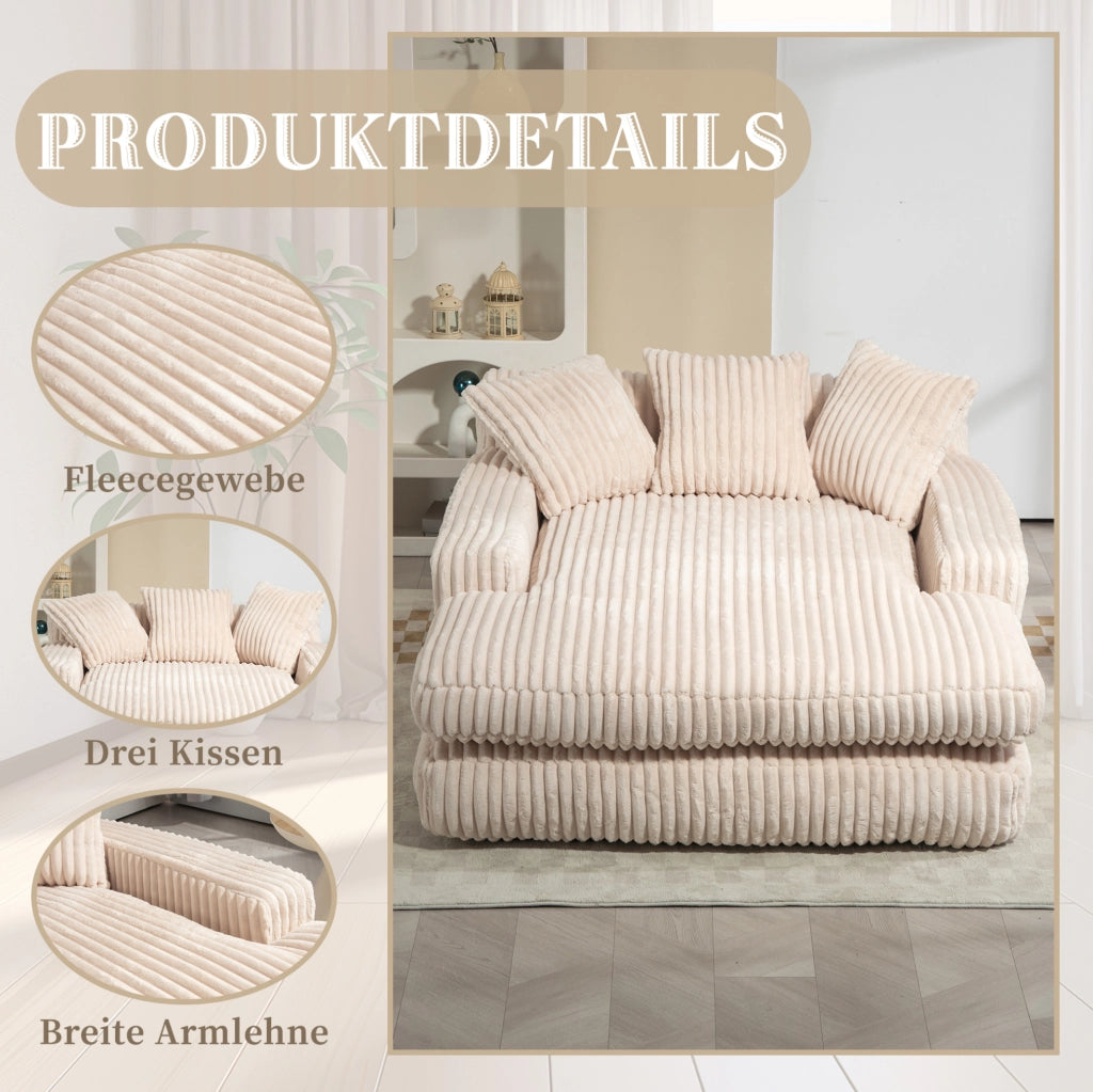 Chaise longue in corduroy 125x155x63 cm con 3 cuscini; beige