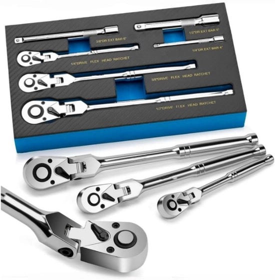Set di chiavi a rasoio a 6 pezzi con testa flessibile, 1/4 pollice, 3/8 pollice, 1/2 pollice trasmissione, chiave a rasoio rotativa con estensione, 72 denti, regolabile 180°, chiusura rapida, impugnatura flessibile di rasoio