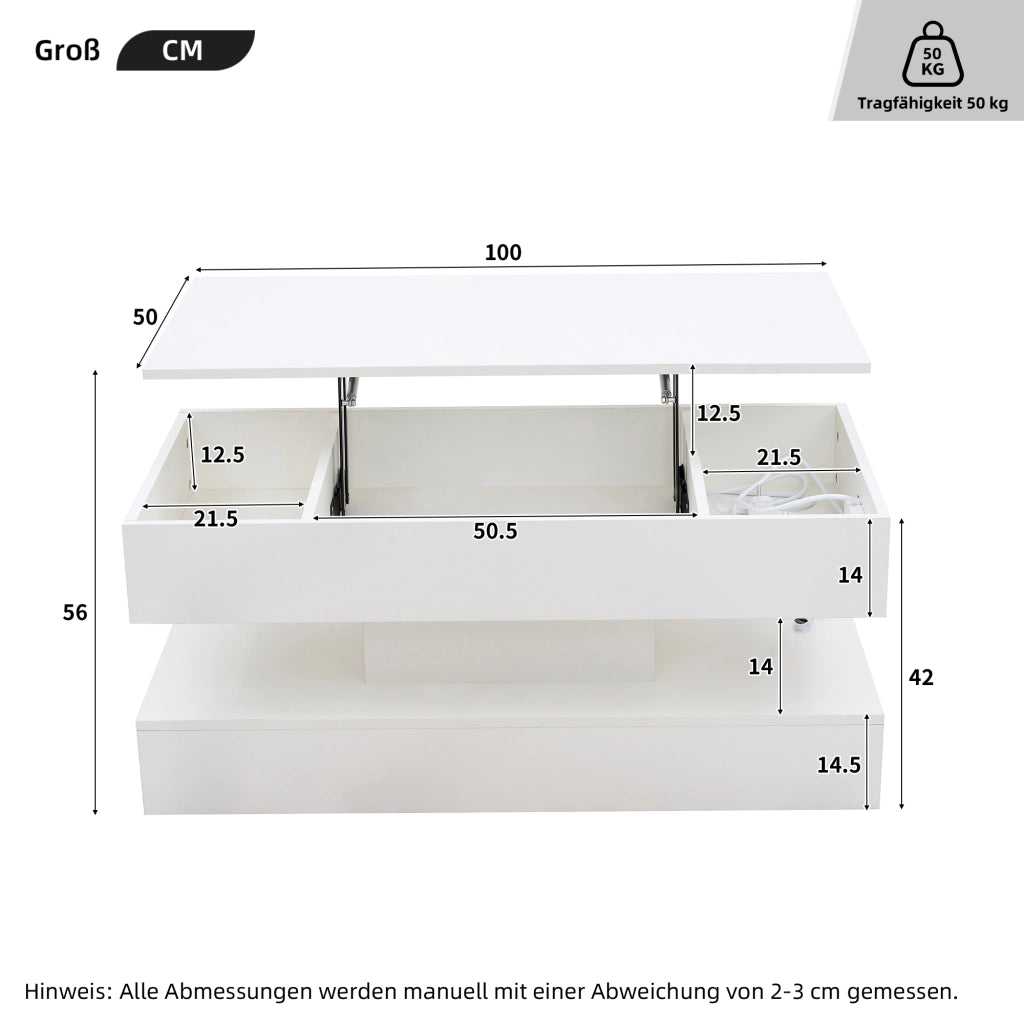 TAVOLO da caffè regolabile 100x50x42 cm bianco con LED, presa EU e vano nascosto