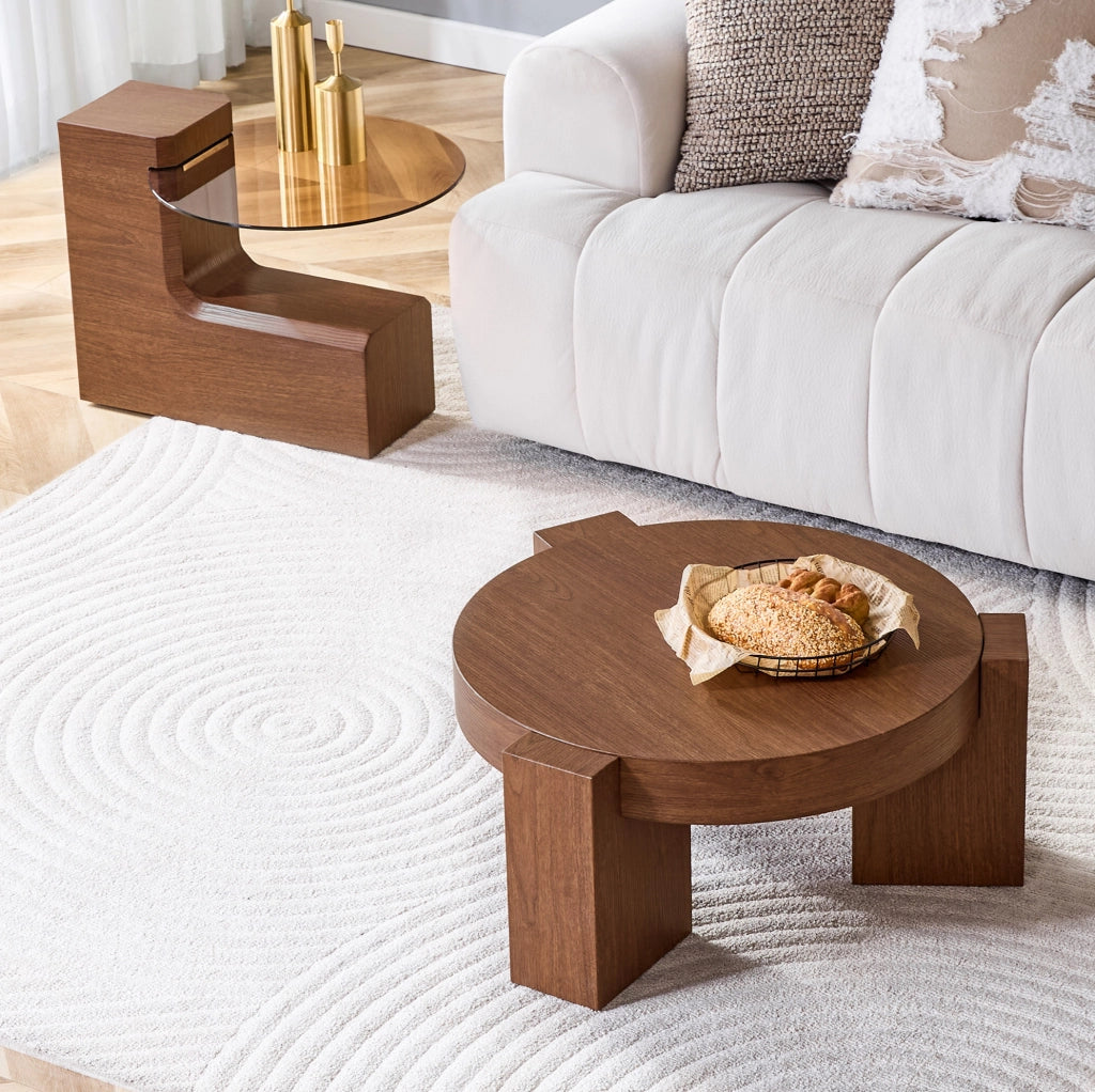 Tavolino da caffè rotondo a due livelli in MDF effetto noce e vetro marrone; 61 cm