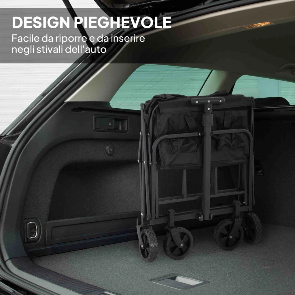 Carrello da Giardino 62L Pieghevole con Maniglia Regolabile, in Metallo e Tessuto Oxford, 76x48x86 cm, Nero