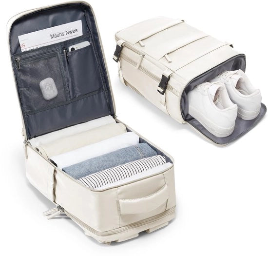 Valigetta a mano per viaggio aereo 40x20x25 cm, zaino per bagaglio a mano per volo, zaino per viaggio per donna con tasca per scarpe, zaino impermeabile per uomo con tasca per laptop per computer da 14 pollici, colore beige.