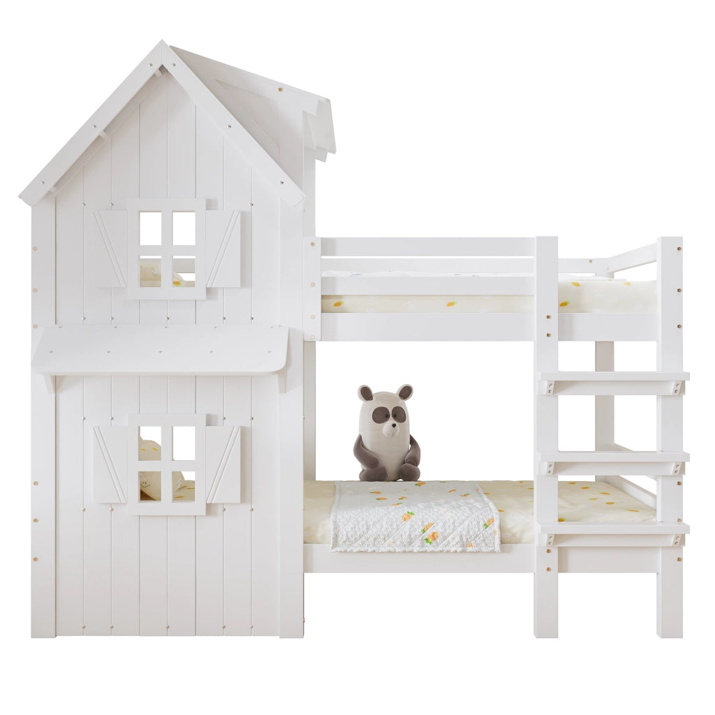 Letto a Castello 90 x 200 cm; Letto per Bambini - con Tetto e Finestre - Bianco