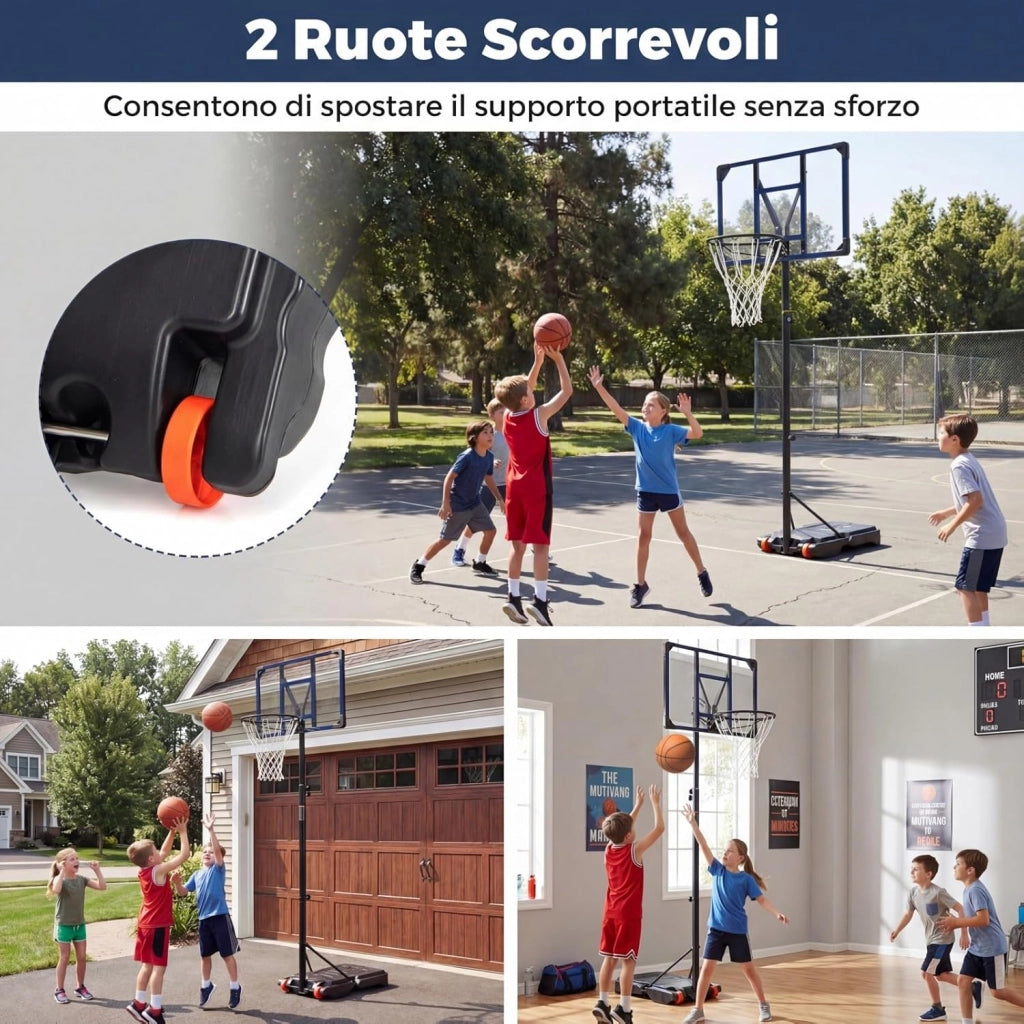 Canestro da Basket da Esterno, Canestro da Basket per Bambini con Altezza Regolabile 206-273,5 cm, Tabellone 82 cm e Base Riempiibile con Ruote, Sistema di Basket Portatile da Interno
