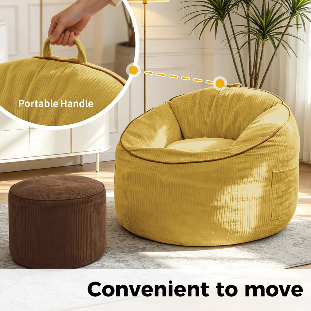 Poltrona con pouf sagomata ergonomica con tasca laterale portaoggetti per relax e lettura in flanella gialla