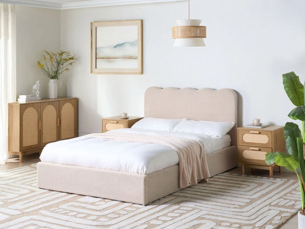Letto in bouclé imbottito color beige 140 x 200 cm contenitore elevabile con testiera e rete a doghe