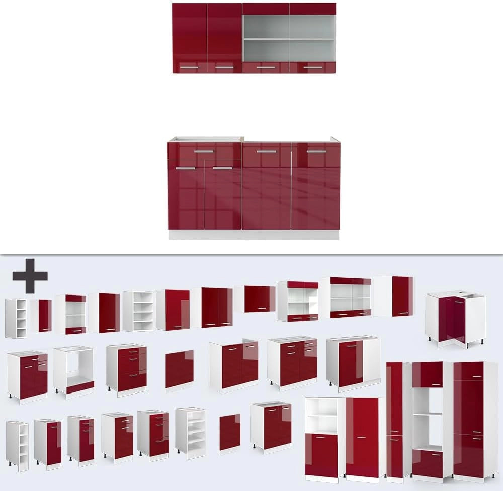 Cucina monoblocco R-Line, Rosso lucido, 140 cm senza piano di lavoro, adatto a spazi piccoli, espandibile in modo modulare
