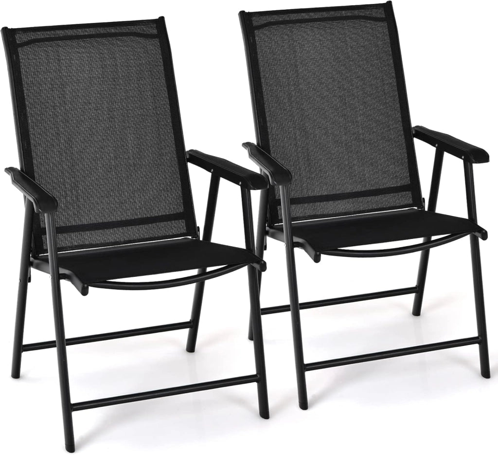 Set di 2 sedie pieghevoli esterne, sedie da giardino in tessuto con braccioli, telaio in metallo, carico 150 kg, sedia da giardino pieghevole per patio, piscina, senza montaggio, nero