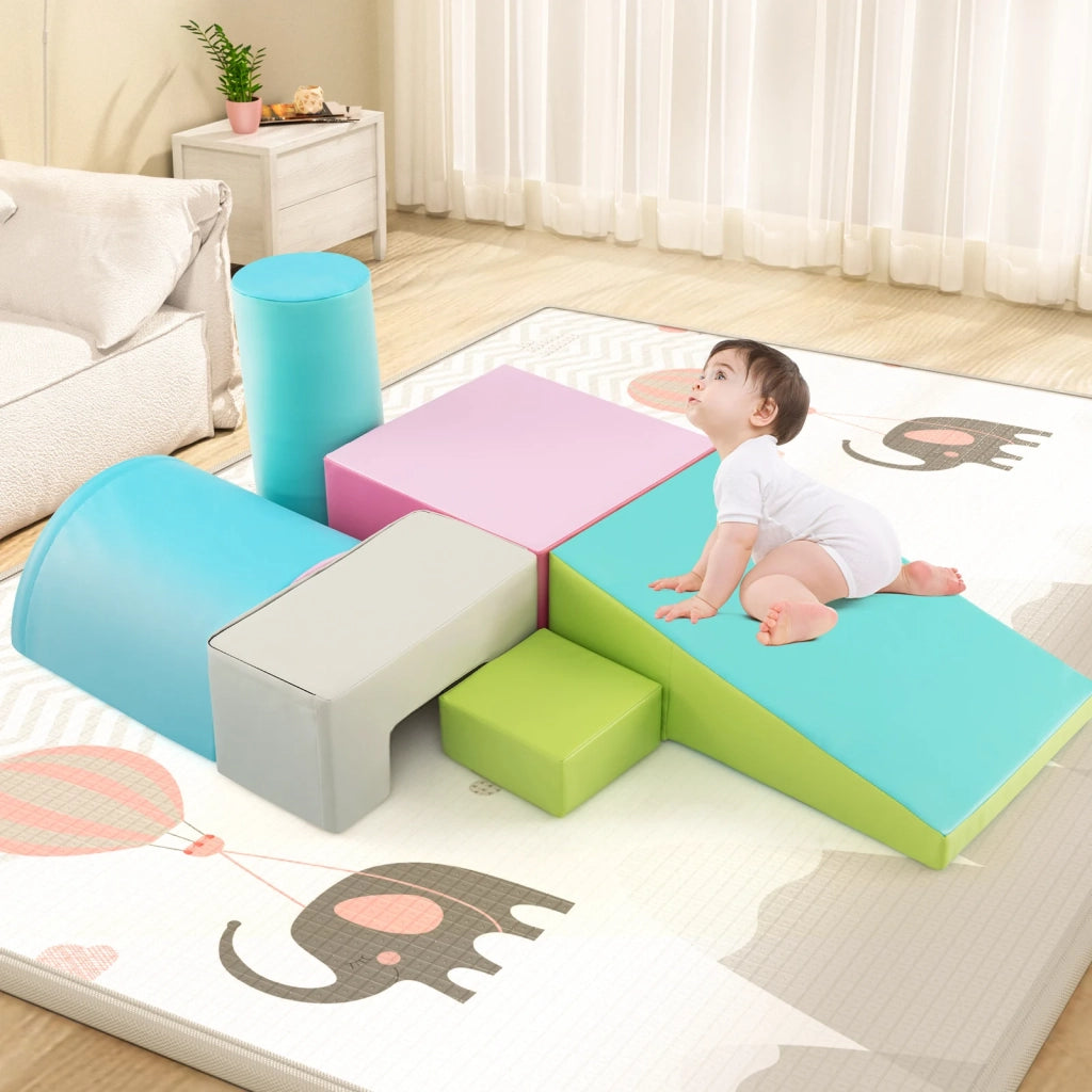6 Pezzi Set da Gioco con Blocchi da Arrampicata e Strisciare in Schiuma Verde con Forme Rettangolari, Morbidi e Impilabili per Casa