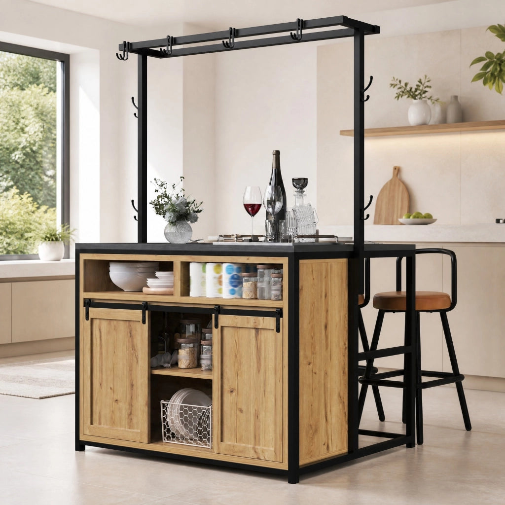 Mobile da cucina con 2 sgabelli; prese integrate; vani aperti e ante scorrevoli; per cucina e sala da pranzo