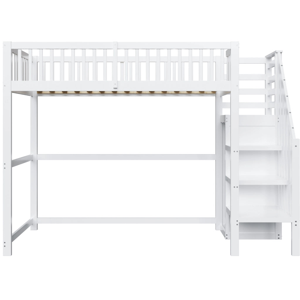 Letto a soppalco singolo 90×200 cm con scala; armadio e rete a 15 doghe; senza materasso; legno; bianco