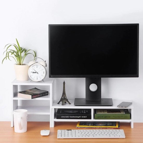 Monitorstandaard 3 livelli con cassetto laterale - organizzatore per ufficio e camera da letto - bianco