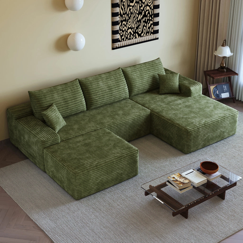 Divano angolare modulare con chaise longue a L e seduta profonda, senza attrezzi, in tessuto a coste verde