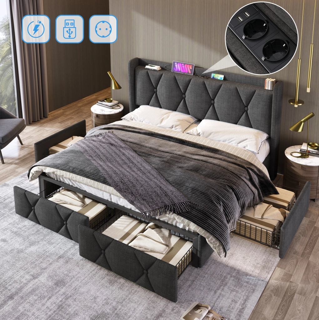 Letto matrimoniale imbottito 140x200 cm con 4 cassetti; ricarica USB e prese; grigio
