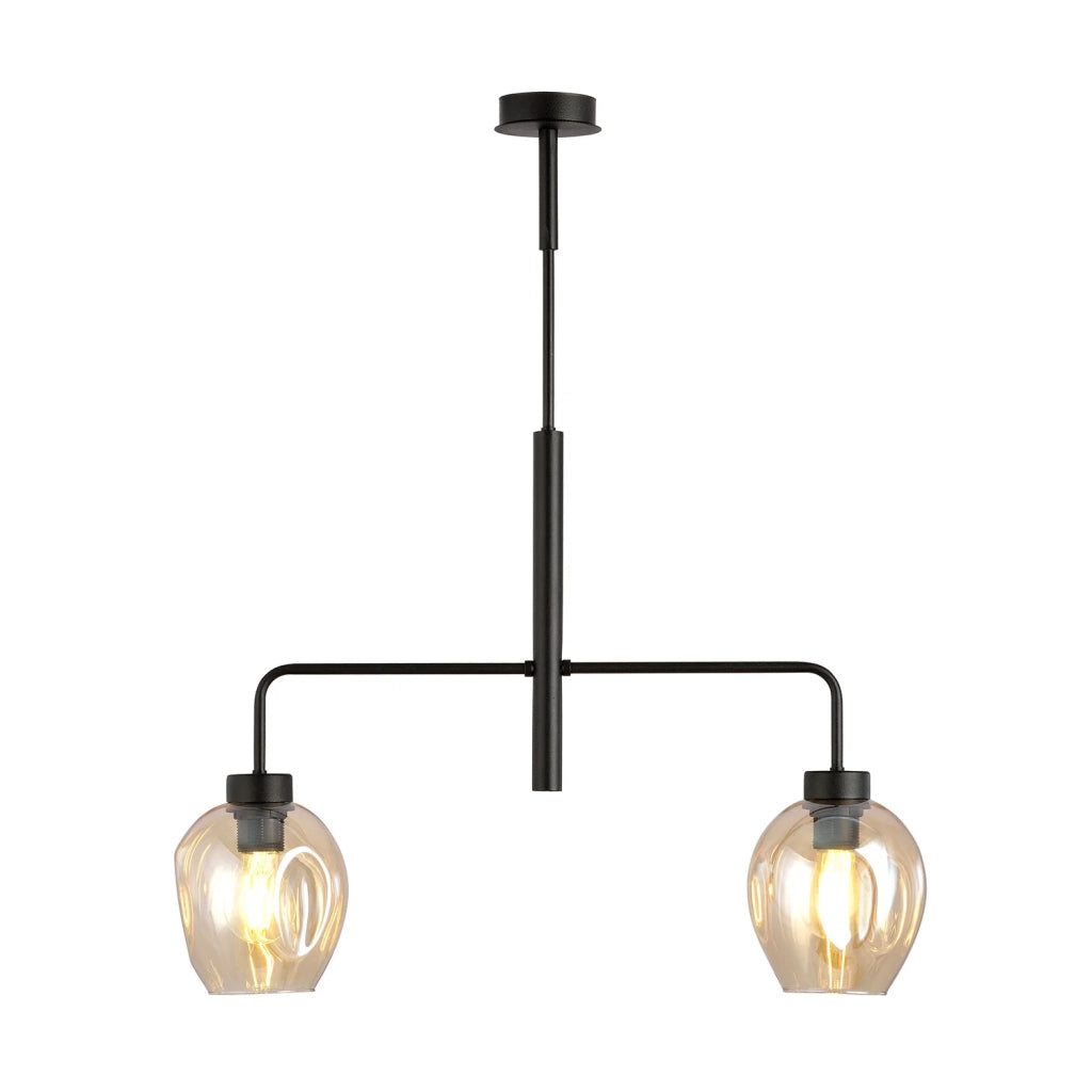 Lampadario Moderno 2 Luci Auriga In Accaio Nero E Vetro Ambra
