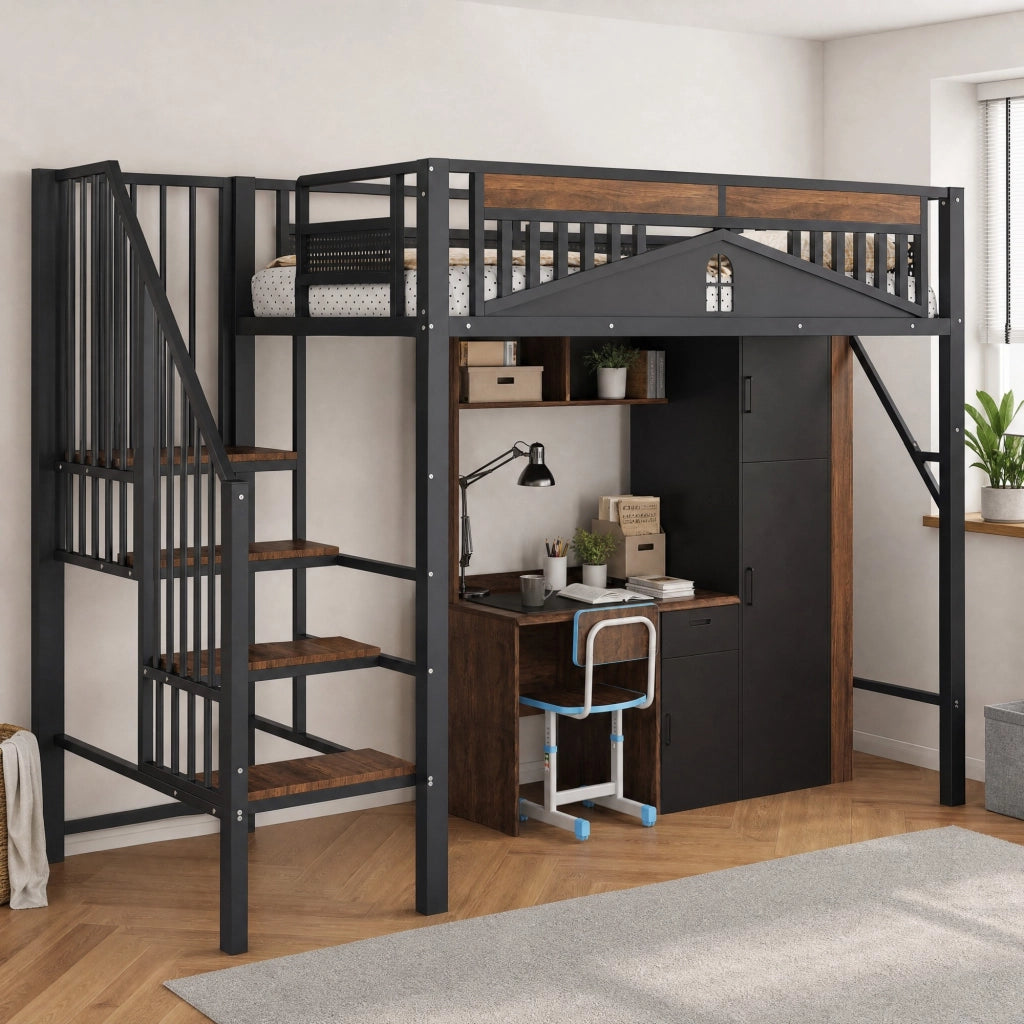 LETTO A SOPPALCO 90x200 cm in Metallo Nero con Scala e Spazio Sottostante
