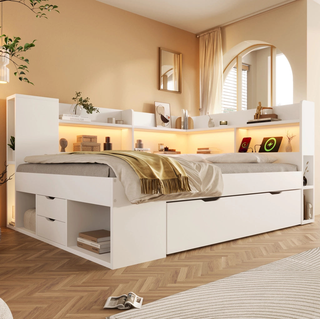 Letto funzionale bianco 140x200 cm con LED, USB, vani contenitore e cassetti