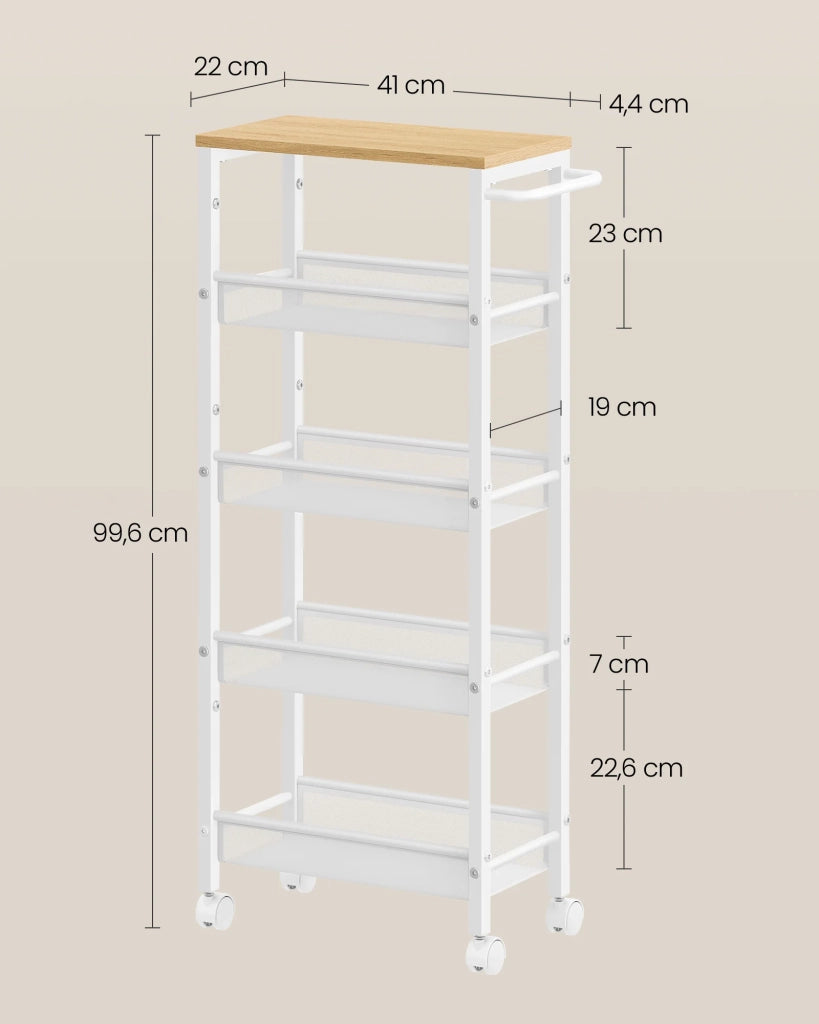 Carrello di servizio ripiano portaoggetti mobile design sottile ruote girevoli a 360° struttura in metallo per cucina soggiorno ufficio bianco 12_0005291