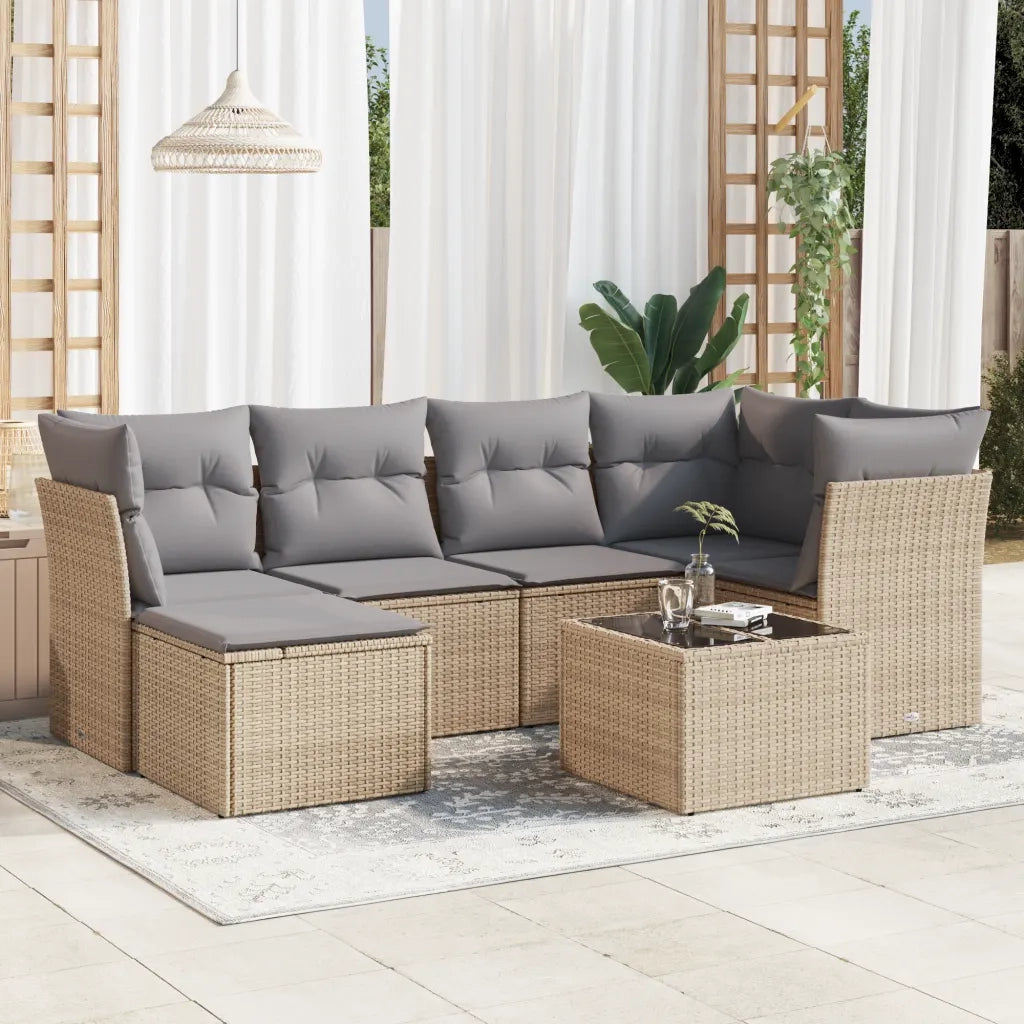 Set Divani da Giardino 7 pz con Cuscini Beige in Polyrattan