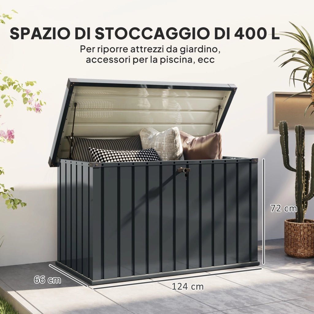 Baule da Esterno da 400L in Acciaio Zincato con Serratura e 2 Chiavi 124x66x72 cm, Grigio Scuro
