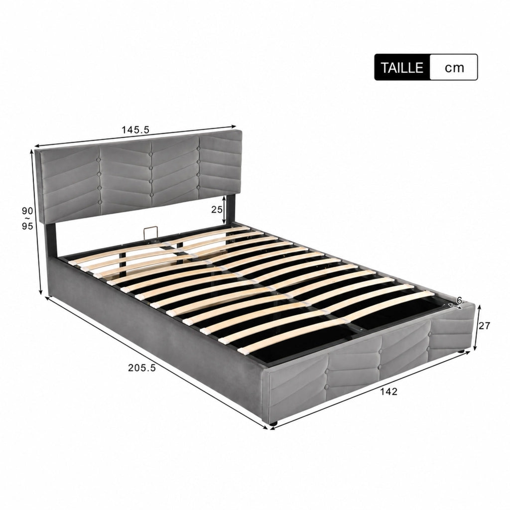DESMIU Letto contenitore 140 × 200 cm 2 posti con vano idraulico e testiera regolabile, senza materasso, velluto grigio