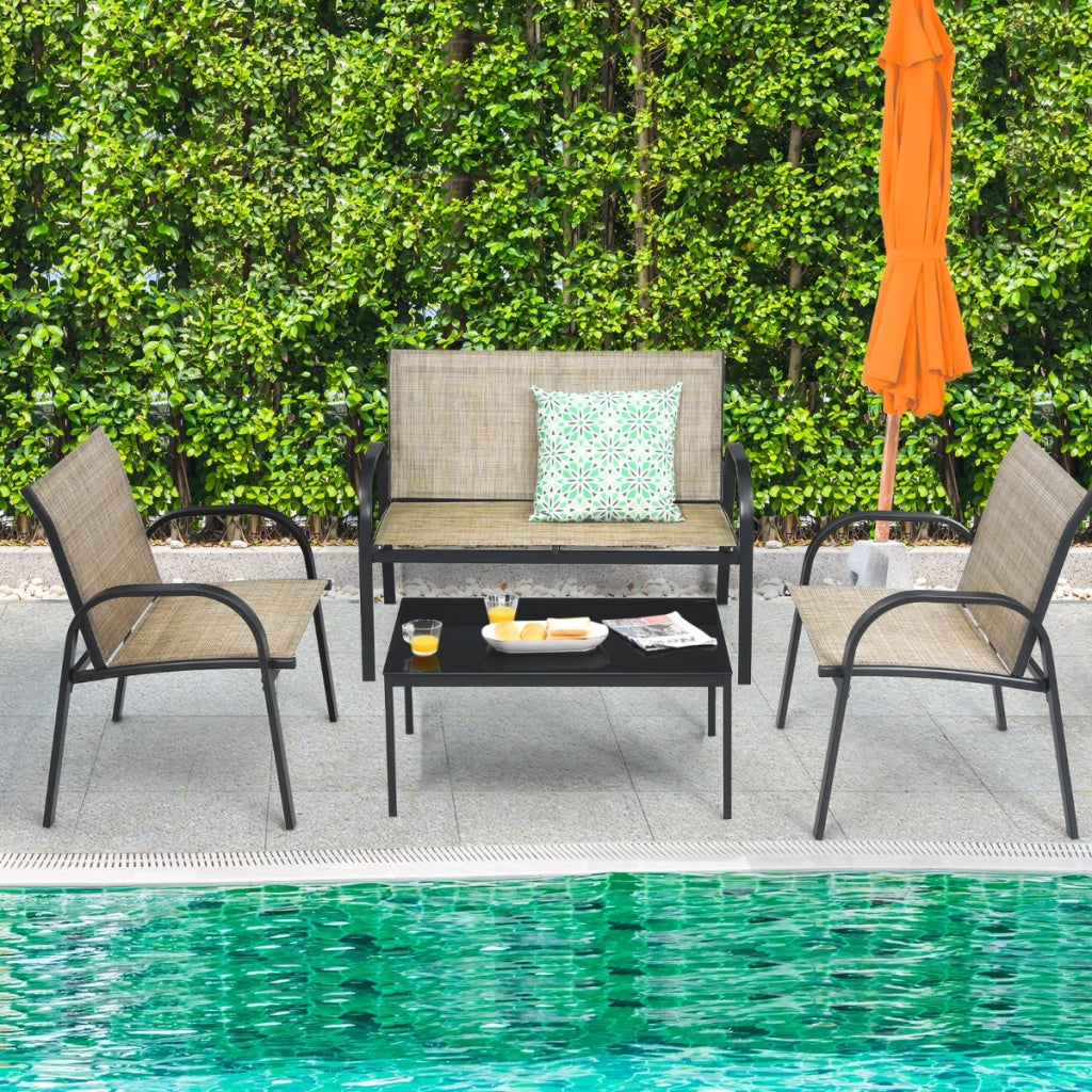 Set mobili da giardino con 4 pezzi per chiacchierare, Sedie da cortile in ferro e tessuto a rete con tavolino in vetro Marrrone-Set mobili da esterno