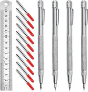 Penna per taglio metallo con punti di segnalazione rossi - Pacchetto da 4 - Scala in acciaio e utensili di tracciatura - Tagliacarta in acciaio hard con magnet - Stato di acciaio ceramico indurito.