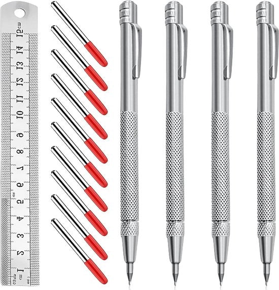 Penna per taglio metallo con punti di segnalazione rossi - Pacchetto da 4 - Scala in acciaio e utensili di tracciatura - Tagliacarta in acciaio hard con magnet - Stato di acciaio ceramico indurito.