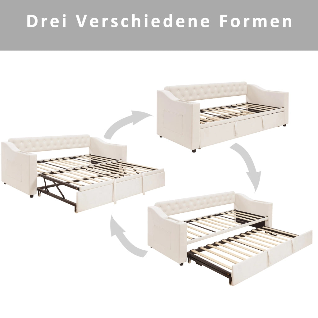 Letto estraibile singolo 90×190 cm con USB; vani portaoggetti e rete; senza materasso; beige