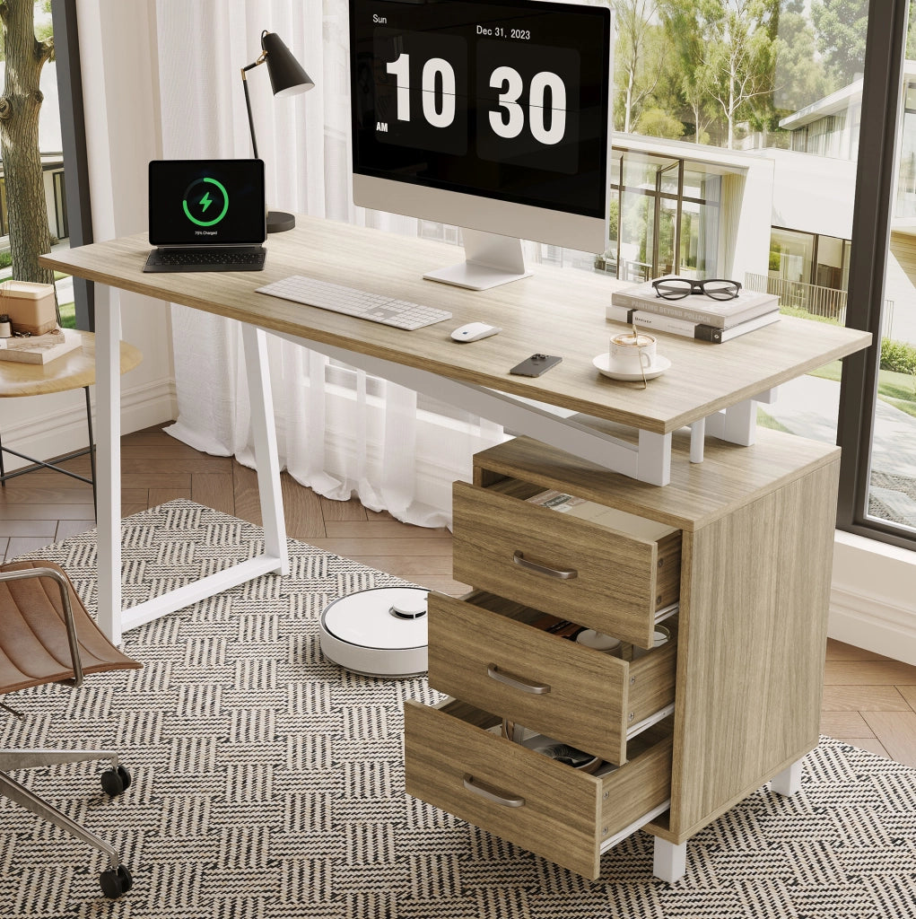 Scrivania 130x55x75 cm con 3 cassetti; struttura stabile in MDF e acciaio; naturale e bianco