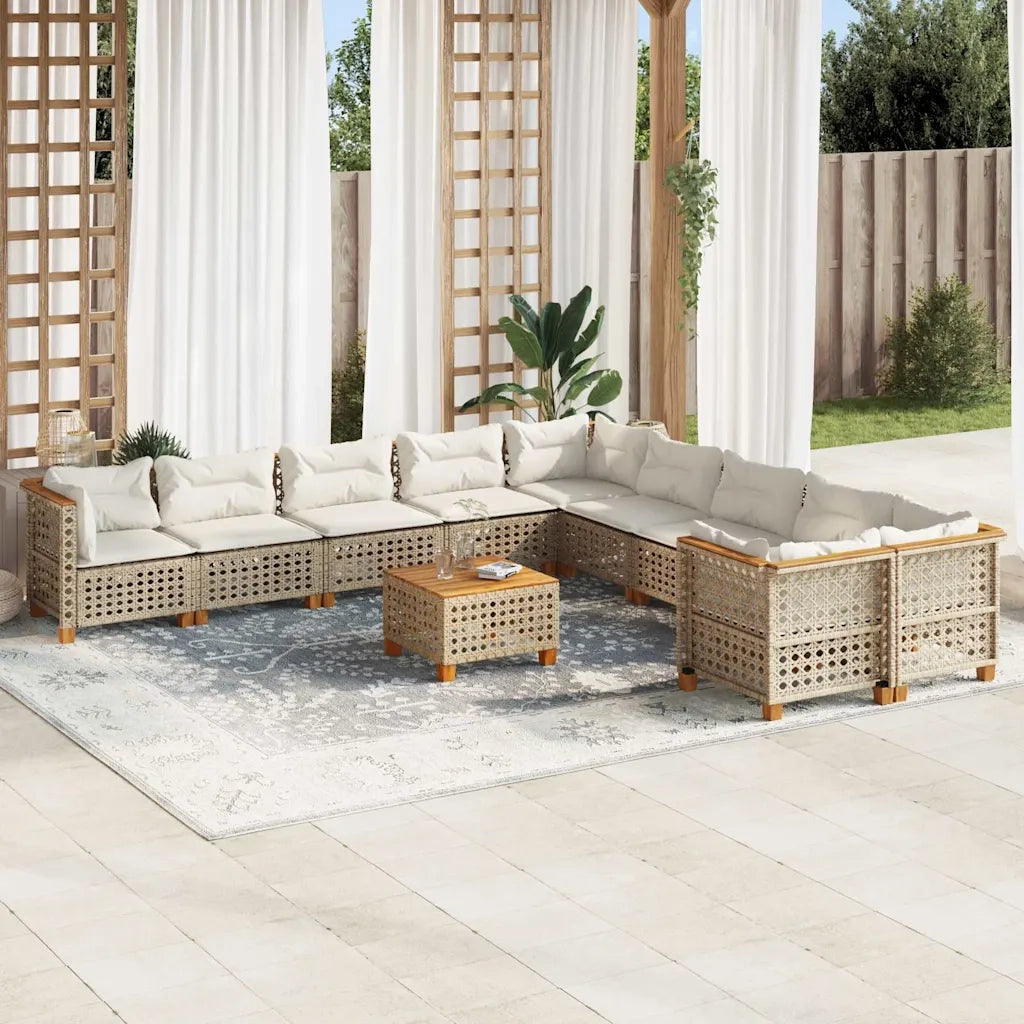 Set Divani da Giardino 11 pz con Cuscini Beige in Polyrattan