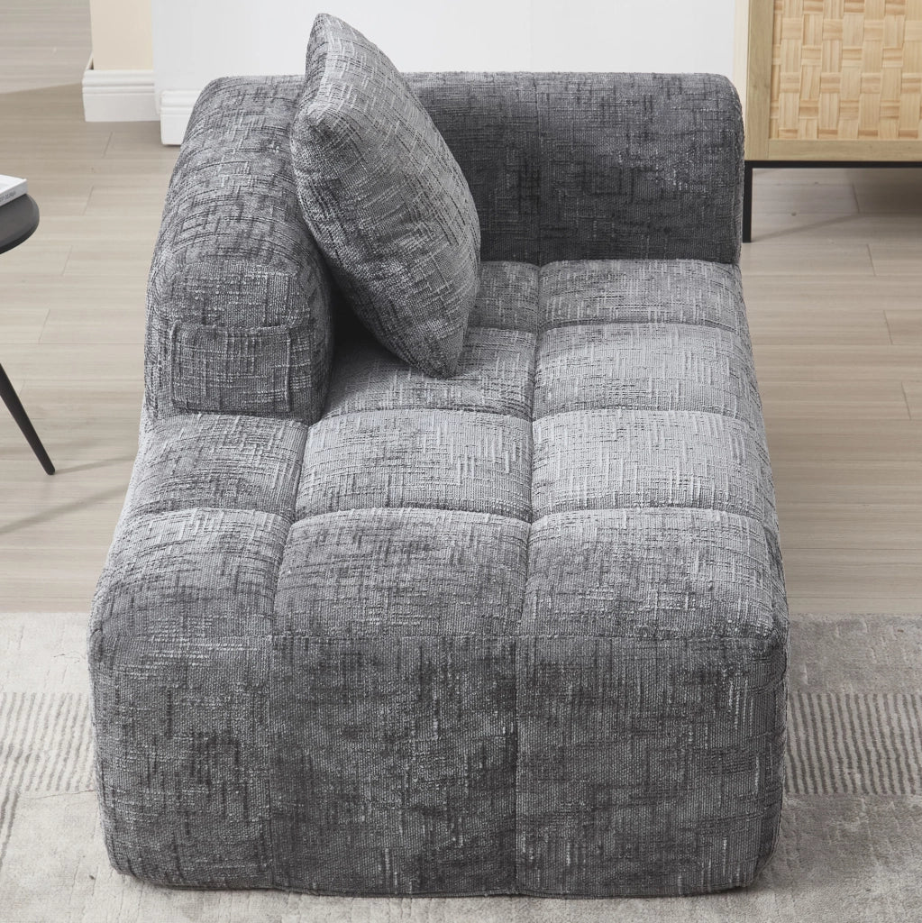 Divano Chaise Lounge in Chenille Grigio con Tasche Laterali e Cuscino, 158x90x60 cm