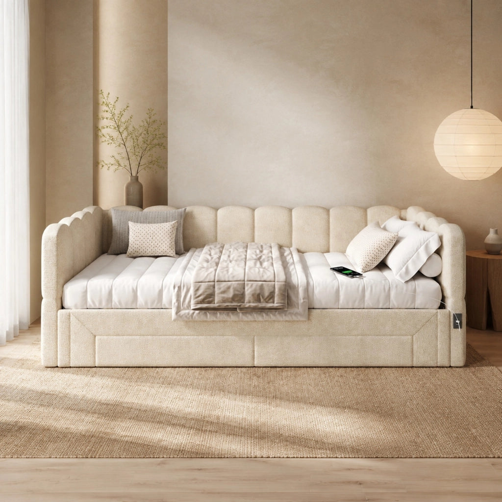 Daybett ausziehbar auf 180x200 cm mit 2 Schubladen; USB- und Typ-C-Anschluss; Chenille beige