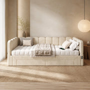 Daybett ausziehbar auf 180x200 cm mit 2 Schubladen; USB- und Typ-C-Anschluss; Chenille beige