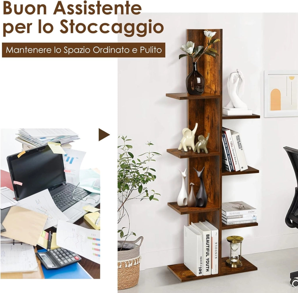 Scaffale in Legno per Libri, 6 Livelli, Libreria da Terra multiuso per Soggirno Ufficio Balcone, Ideale per per Soggirno Ufficio Balcone, 50 x 20 x 141,5 cm (Marrone)