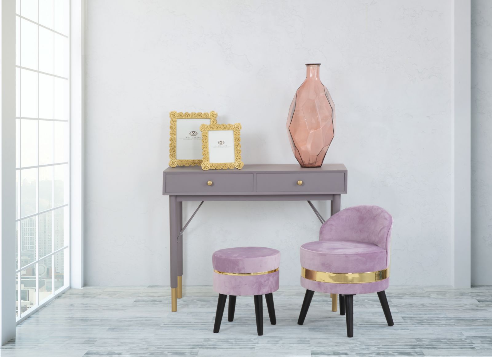 Sedia Mini Paris Rosa Ø45x62 cm Legno Spugna e Velluto Sintetico Rosa e Oro e Nero