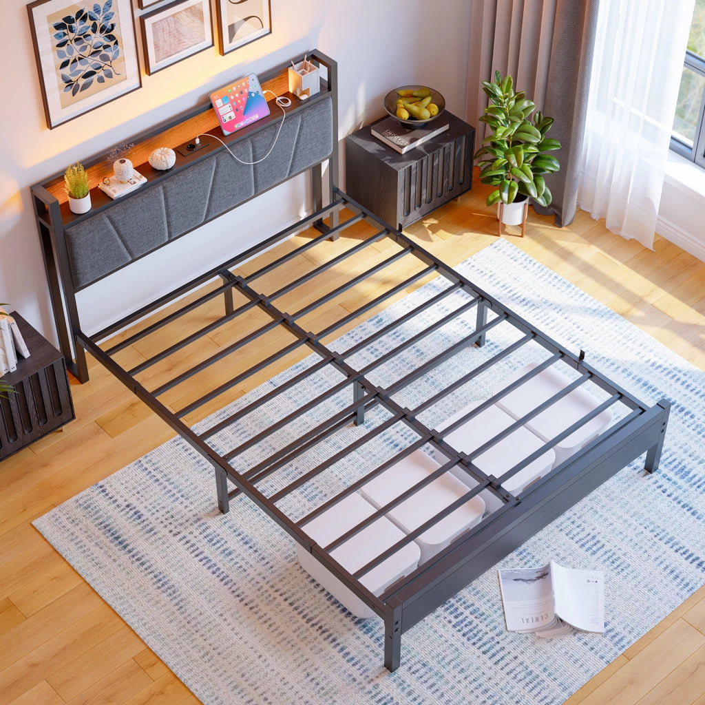 Letto matrimoniale 140×200 cm con LED; USB; testiera contenitore e rete; senza materasso; MDF e metallo; nero