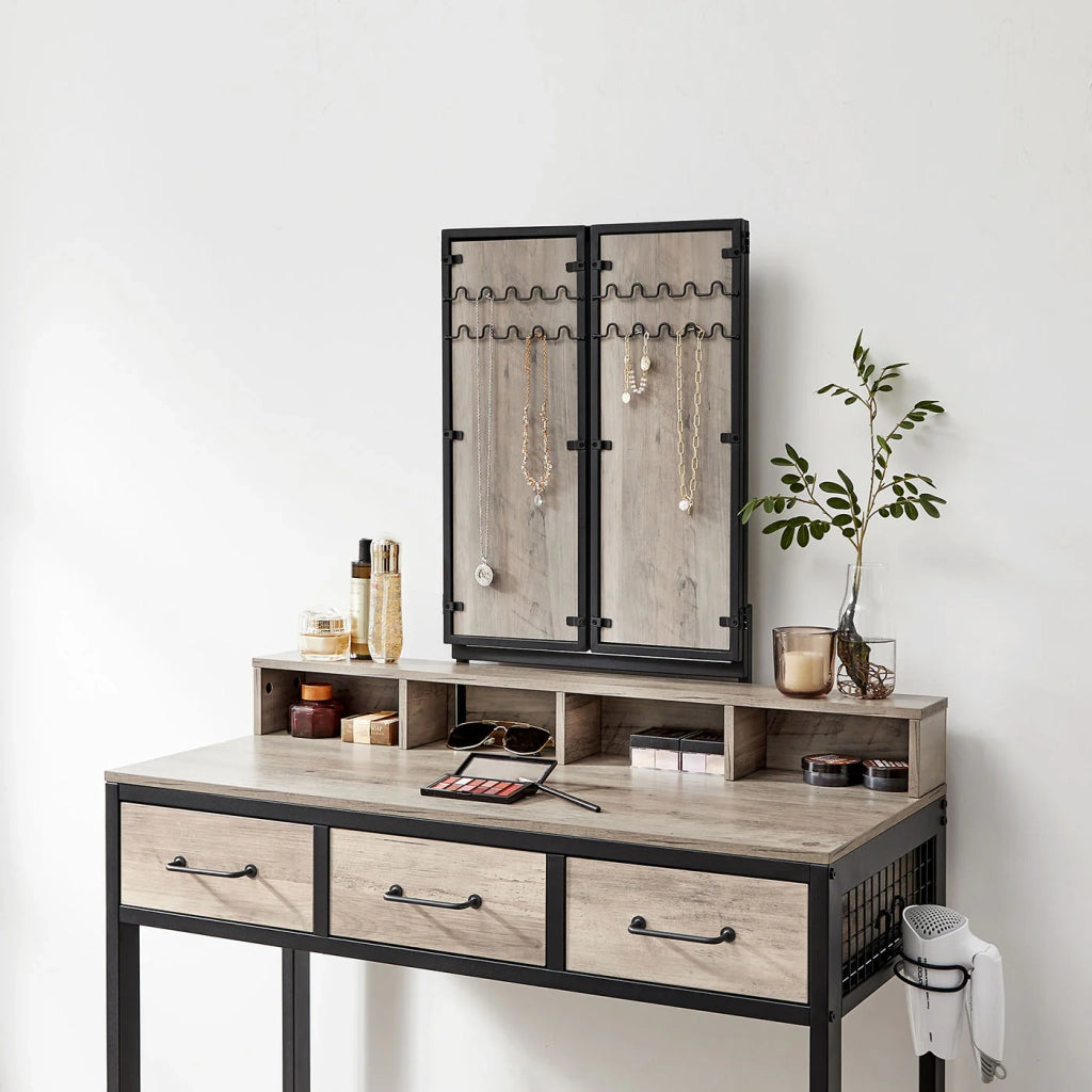 Set da toeletta 90 x 40 x 141 cm con sgabello imbottito specchio triplo 3 cassetti porta asciugacapelli stile industriale marrone rustico e nero 12_0005418