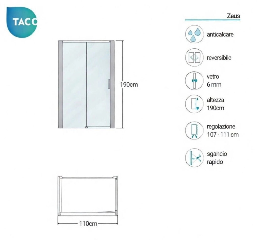 Box doccia a nicchia 110 cm porta scorrevole apertura laterale H190 cm ZEUS - Cromato Lucido