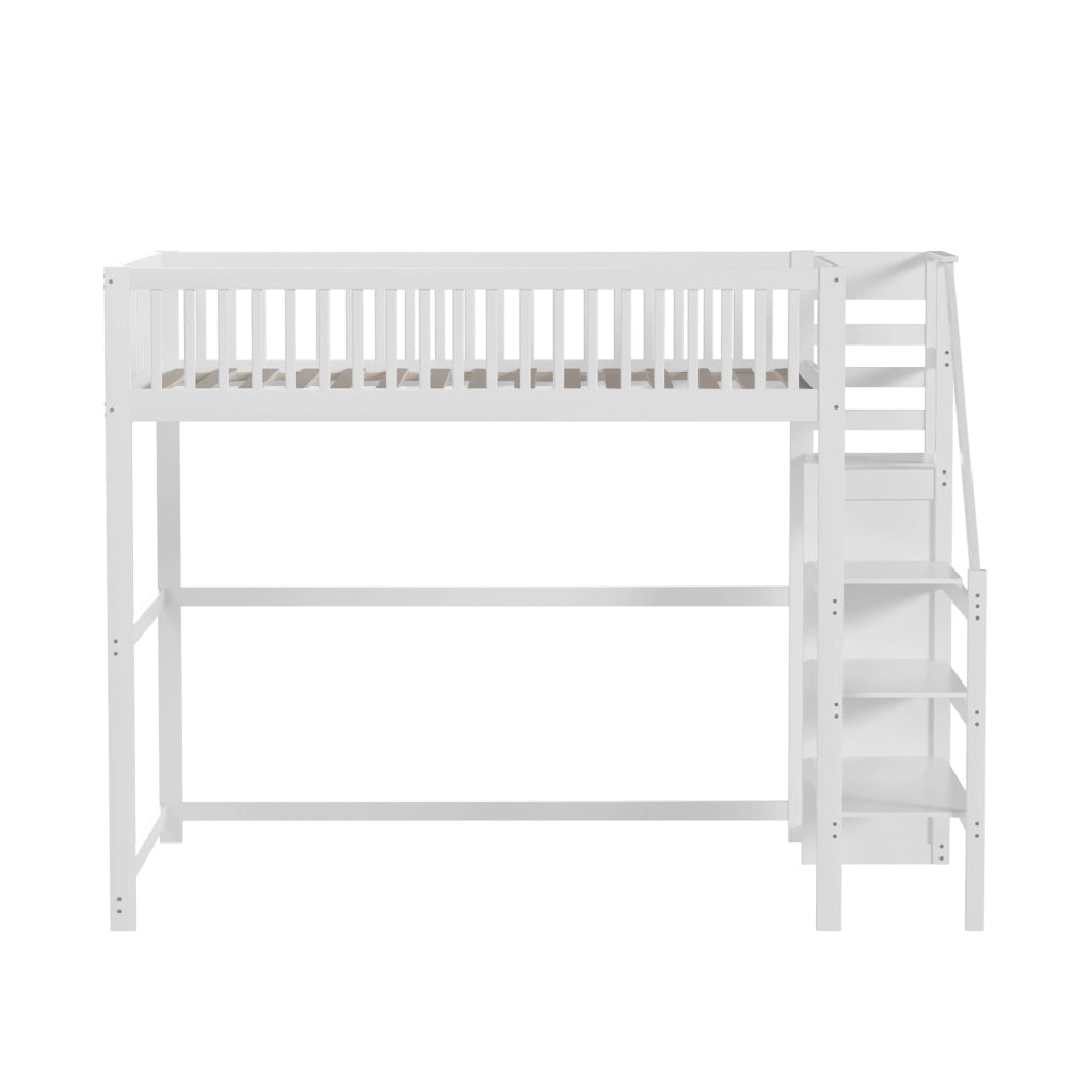 Letto a castello bianco in legno con scala e ripiano portaoggetti 140x200 cm
