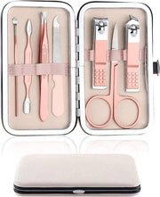 Kit di Manicure Professionale 7 in 1 con Scissor per Unghie in Acciaio Inossidabile con Custodia in Pelle PU Nero per Viaggio e Uso Casa (Pelle Rosa)