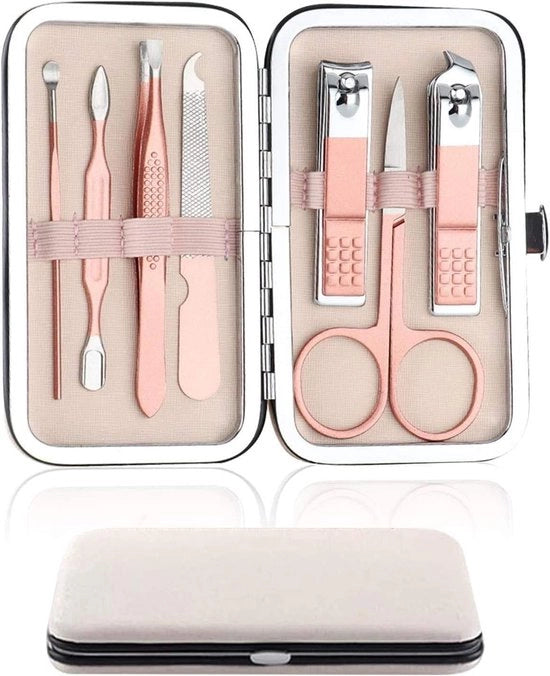 Kit di Manicure Professionale 7 in 1 con Scissor per Unghie in Acciaio Inossidabile con Custodia in Pelle PU Nero per Viaggio e Uso Casa (Pelle Rosa)