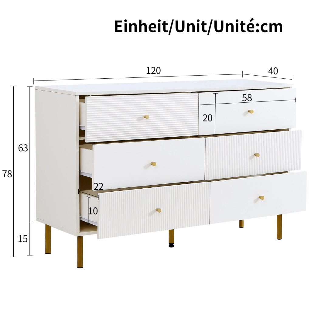 OKWISH Cassettiera Moderna con 6 Cassetti, Maniglie in Lega di Zinco e Gambe in Acciaio, per Camera, MDF, 120 x 40 x 78 cm