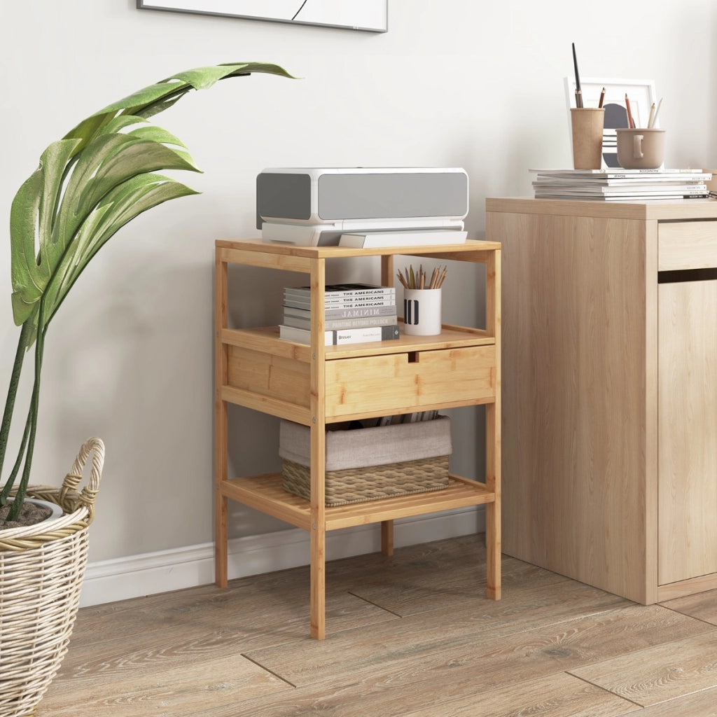 Set di 2 comodini multiuso in bamb¨´ con cassetto portaoggetti e scaffale a doghe, Tavolini moderno a 3 livelli Naturale-Comodini