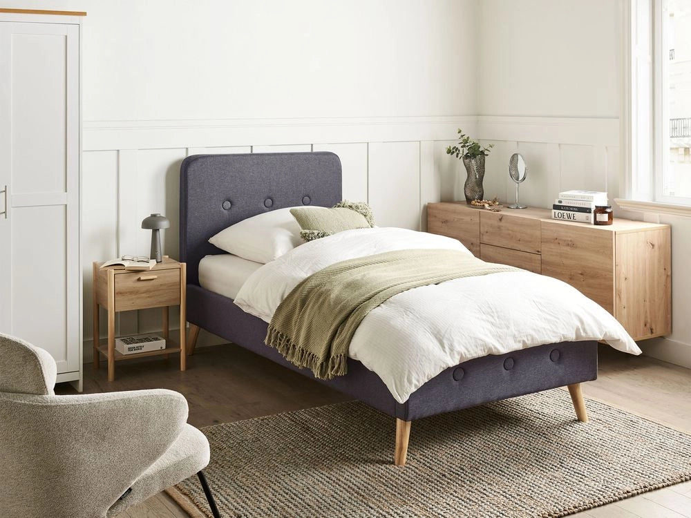 Letto a doghe Tessuto in poliestere grigio scuro Gambe in legno imbottite 90 x 200 Taglia unica Design moderno